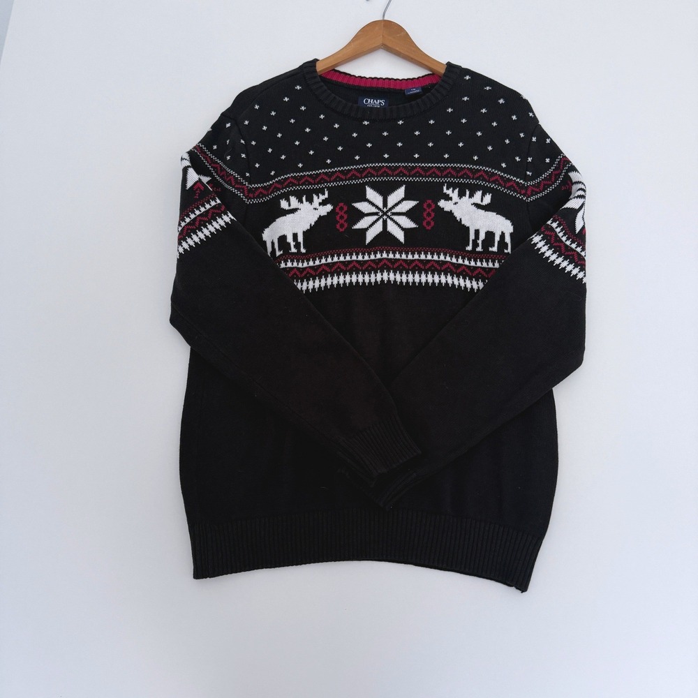 Chaps Sweater Mens L Black Fair Isle Moose Snowflake Crewneck Knit